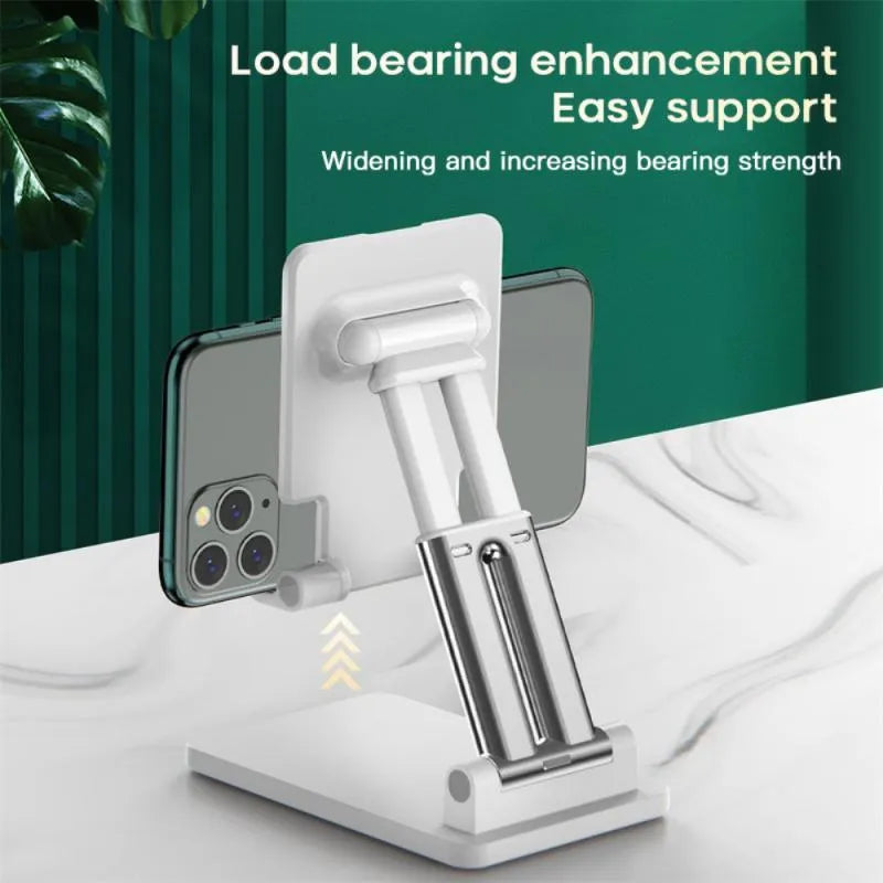 Universal black and white dual-rod adjustable phone bracket for desktop phablet use.