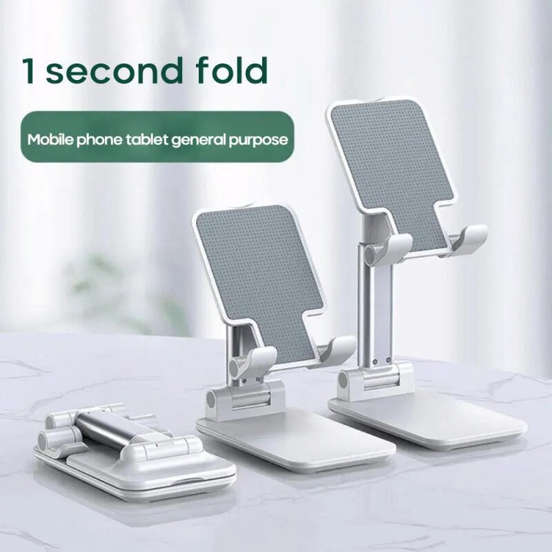 Universal black and white dual-rod adjustable phone bracket for desktop phablet use.
