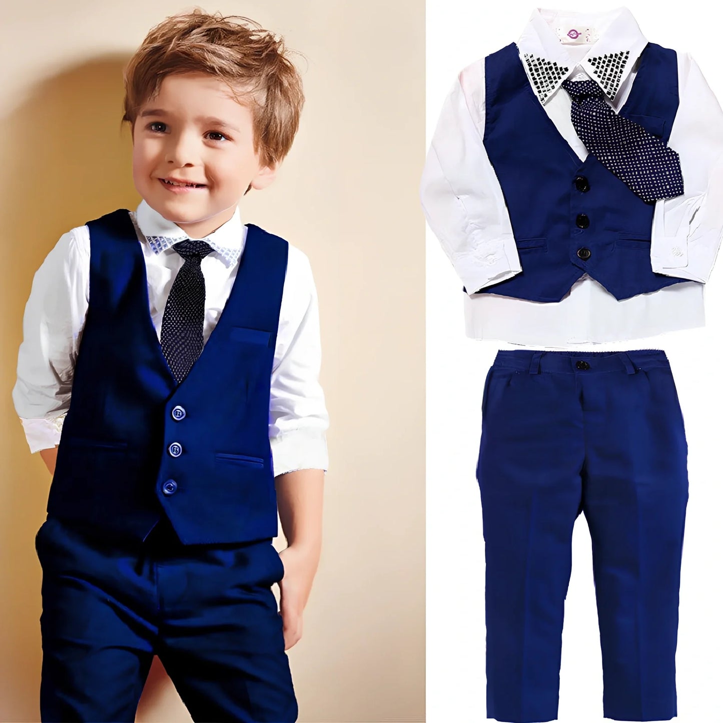 Boys blue cotton blend vest suit set with turtleneck and tie, sizes 2T-7T