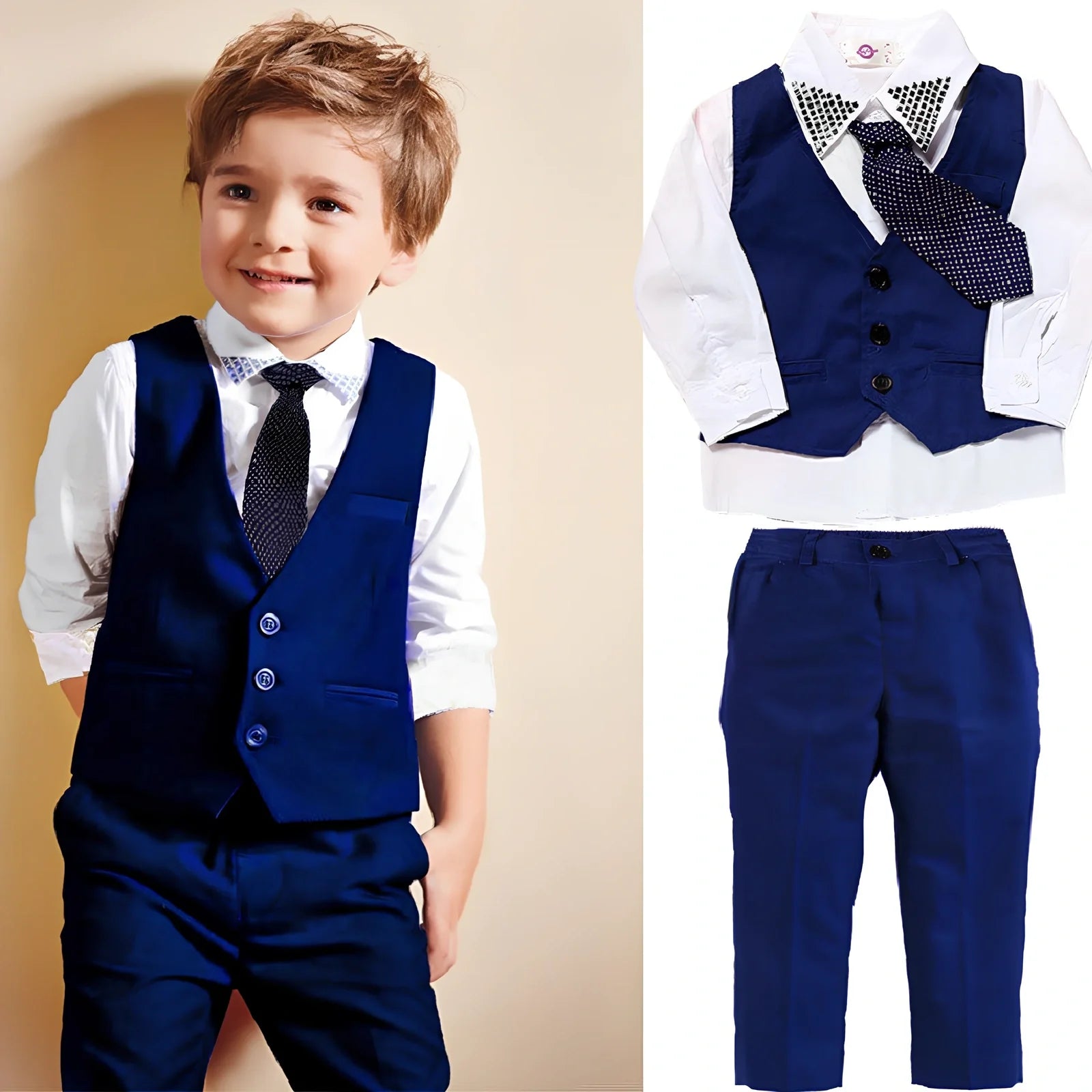 Boys blue cotton blend vest suit set with turtleneck and tie, sizes 2T-7T