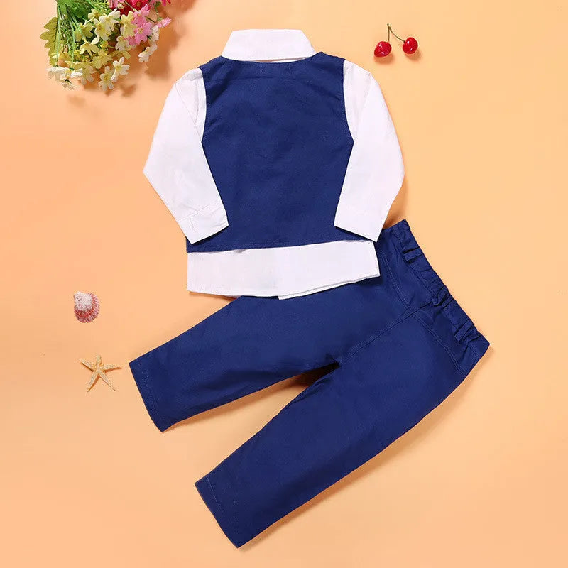Boys' blue 80% cotton suit set with turtleneck, vest, tie, and trousers