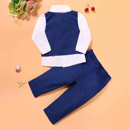 Boys blue cotton blend vest suit set with turtleneck and tie, sizes 2T-7T