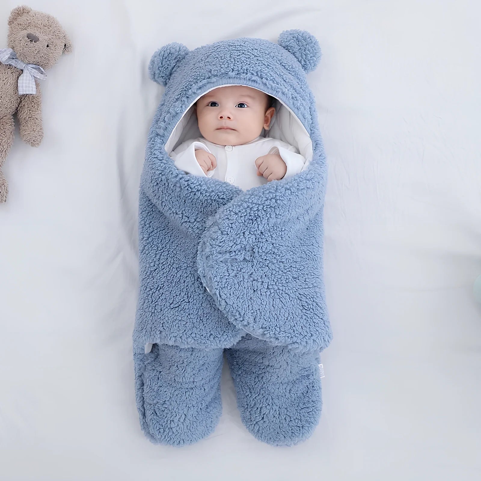 Cotton blend baby quilted sleeping bag wrapper in khaki colour showing quilted pattern and secure fastenings