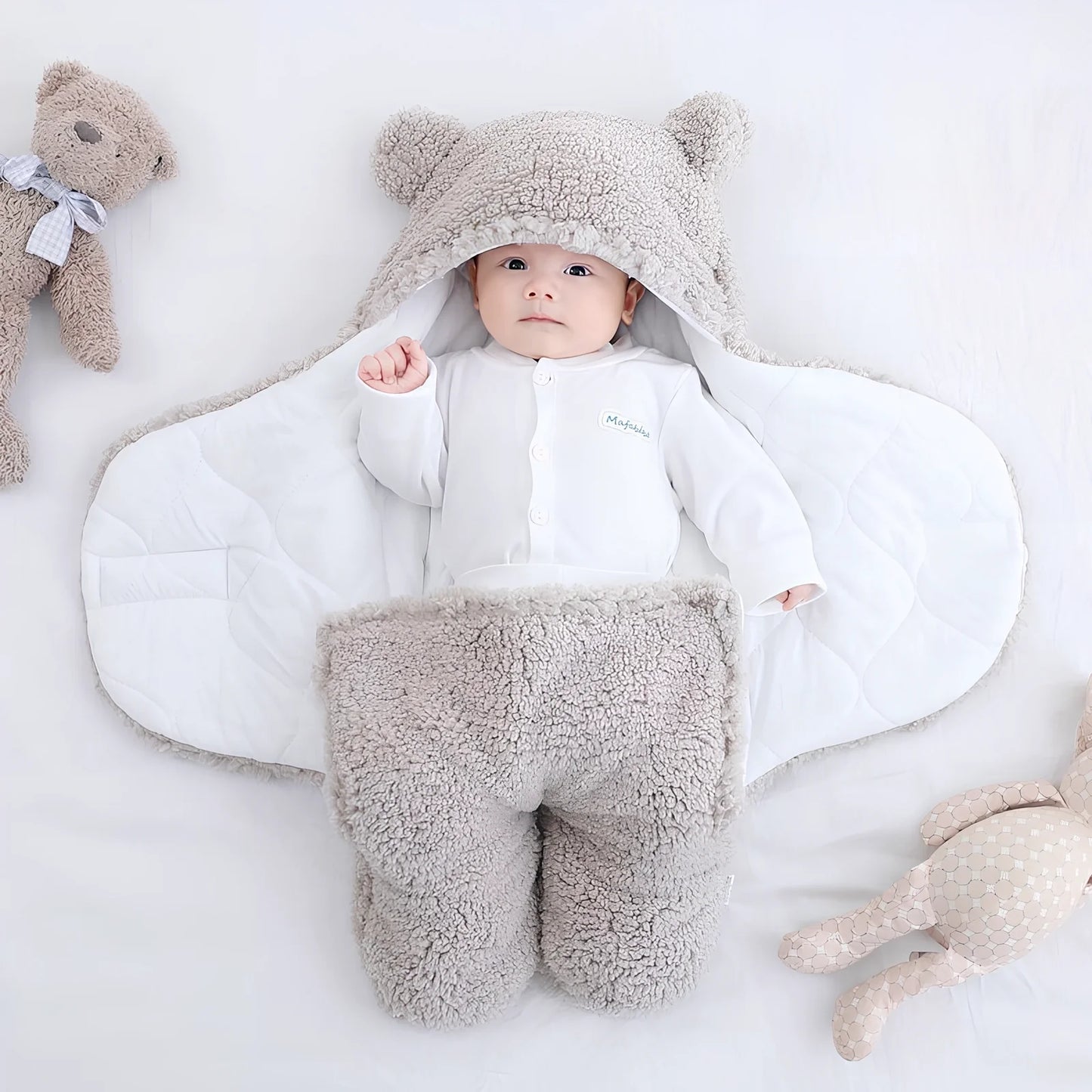 Cotton blend baby quilted sleeping bag wrapper in khaki colour showing quilted pattern and secure fastenings