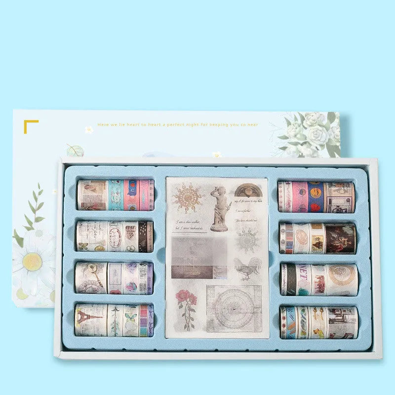 100 rolls of antique character and colourful paper tape in a storage box with multiple width options
