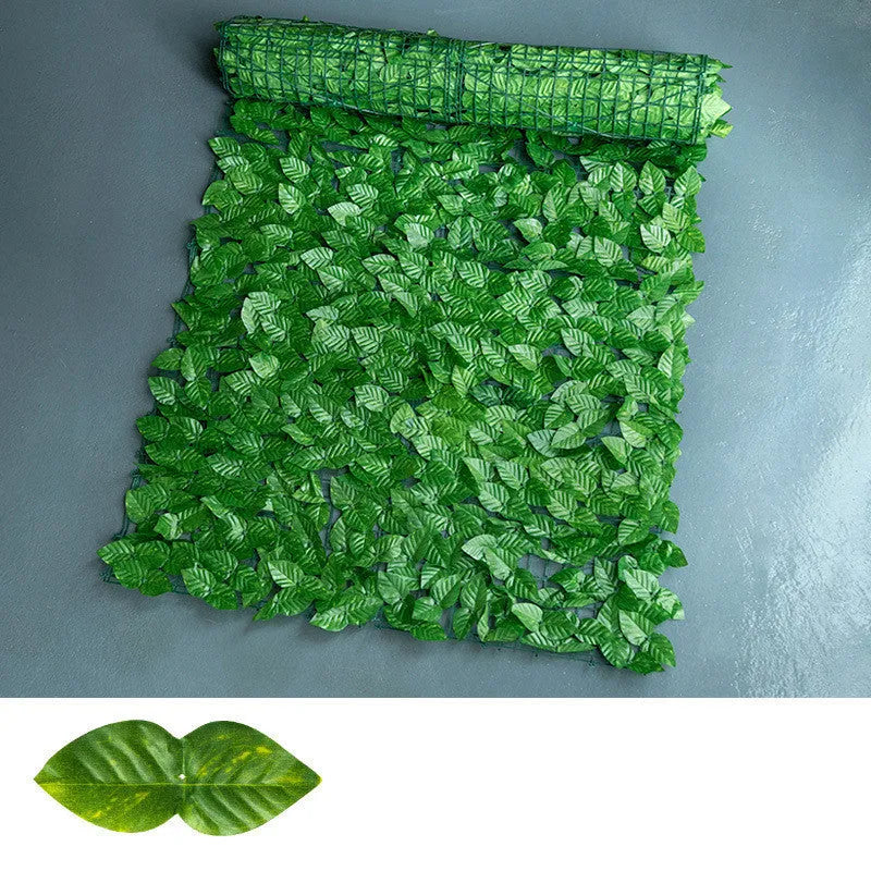 Green artificial plastic fence net with colour-printed radish leaves, shown in watermelon and apple leaf patterns.