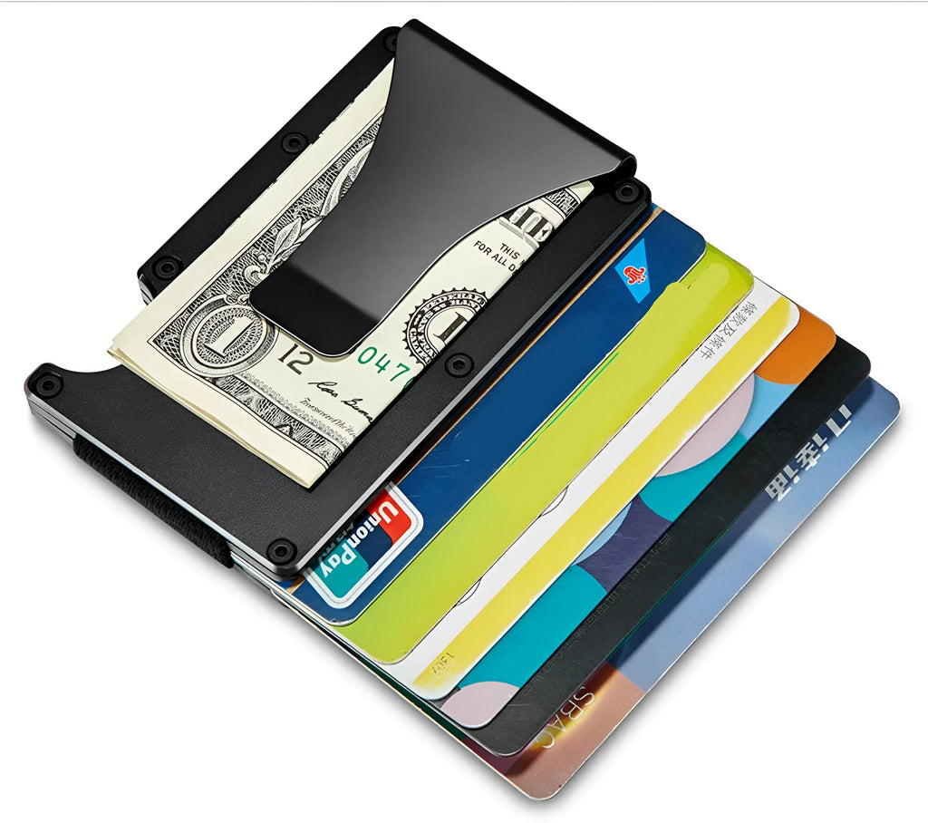 Men's RFID blocking slim money clip wallet in aluminium, 86 x 55 x 8 mm, with rubber band and steel clip