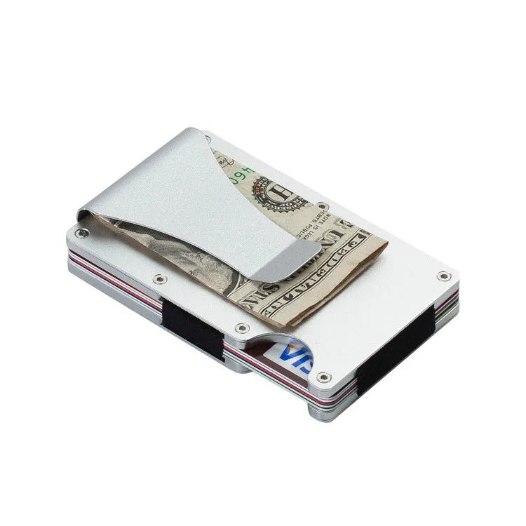 Men's RFID blocking slim money clip wallet in aluminium, 86 x 55 x 8 mm, with rubber band and steel clip