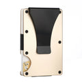 Men's RFID blocking slim money clip wallet in aluminium, 86 x 55 x 8 mm, with rubber band and steel clip