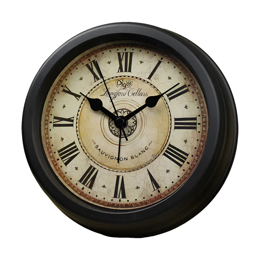 Round retro-style 6-inch desk alarm clock with a plastic case on a wooden surface.