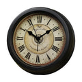 Round retro-style 6-inch desk alarm clock with a plastic case on a wooden surface.