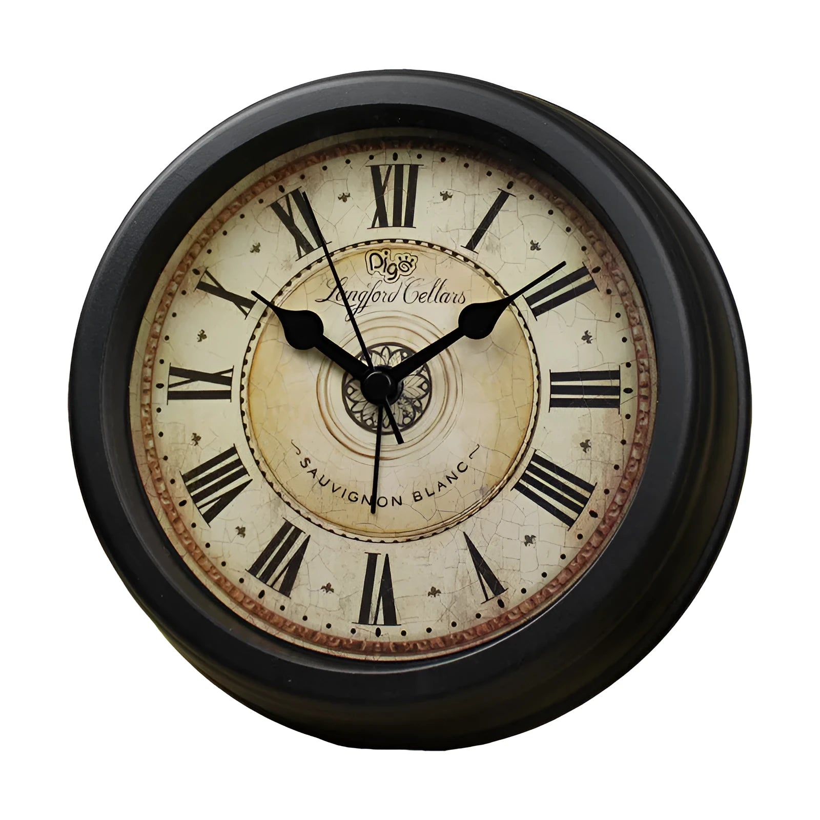Round retro-style 6-inch desk alarm clock with a plastic case on a wooden surface.