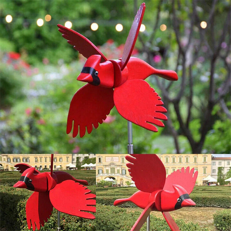 Parrot-themed garden windmill decoration with vibrant colours, spinning in the breeze