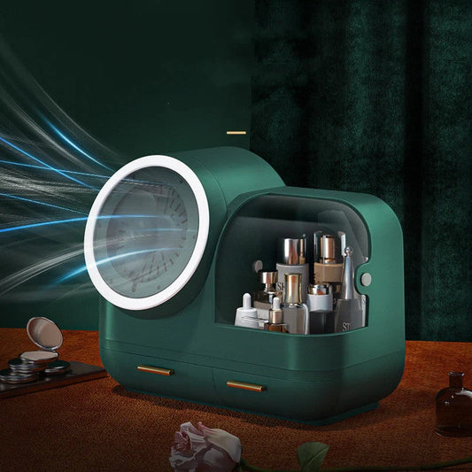 Makeup storage box with integrated LED mirror and dustproof design