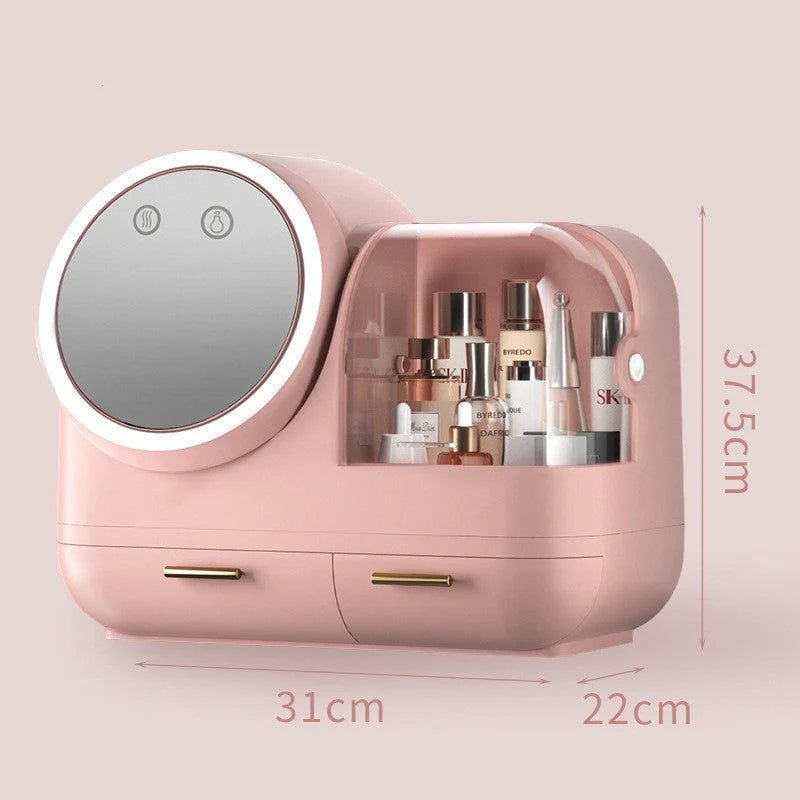 Makeup storage box with integrated LED mirror and dustproof design