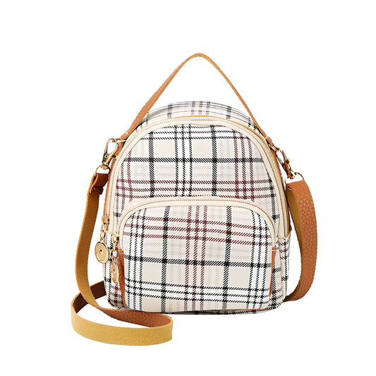 Plaid pattern backpack with PVC construction and retro design, 30cm height with letter printing detail