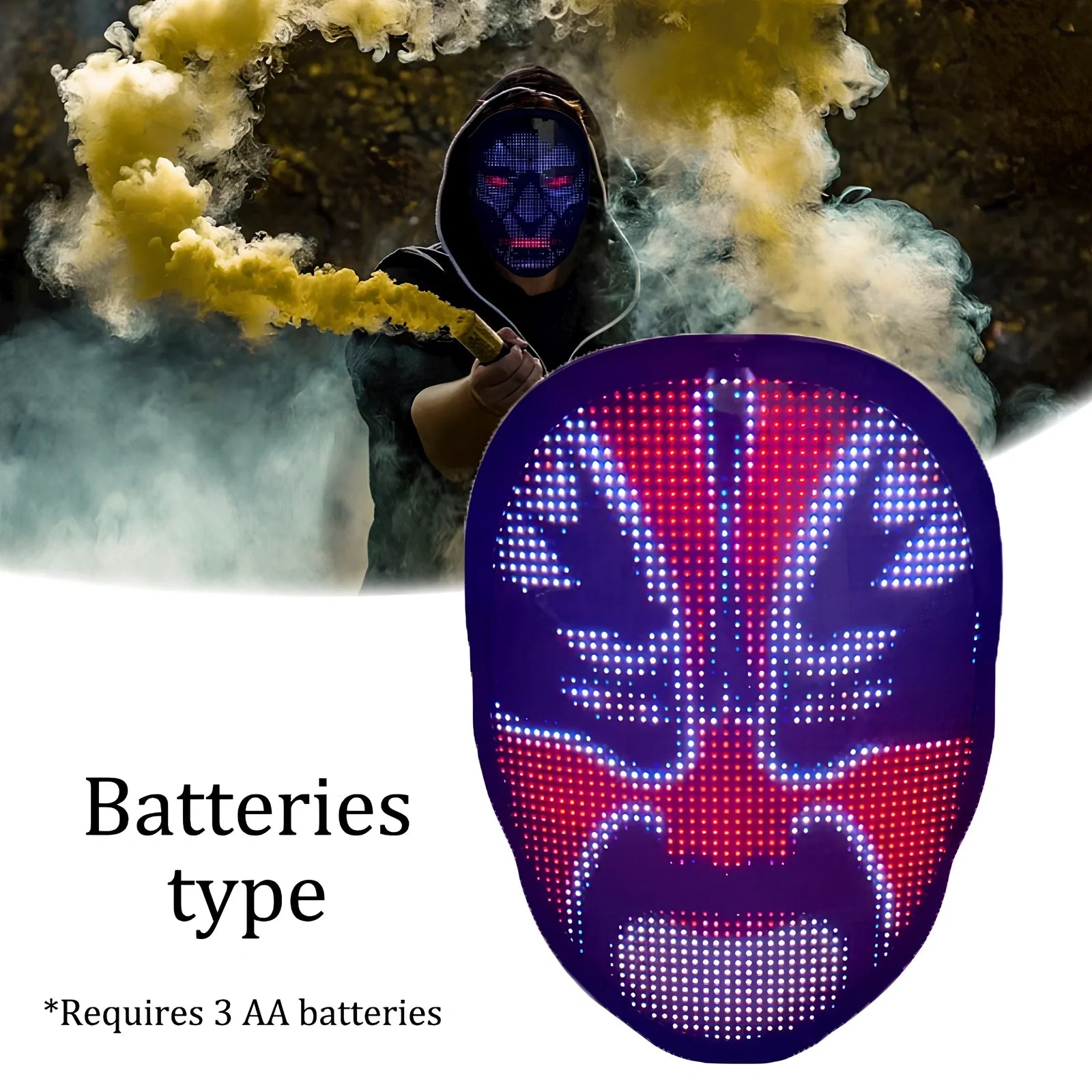 Bluetooth-controlled LED face mask showing custom text display with vintage styling for event use