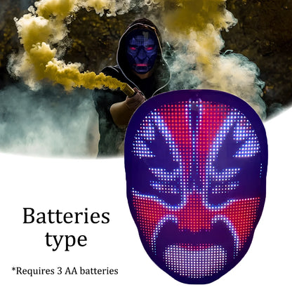 Bluetooth-controlled LED face mask showing custom text display with vintage styling for event use