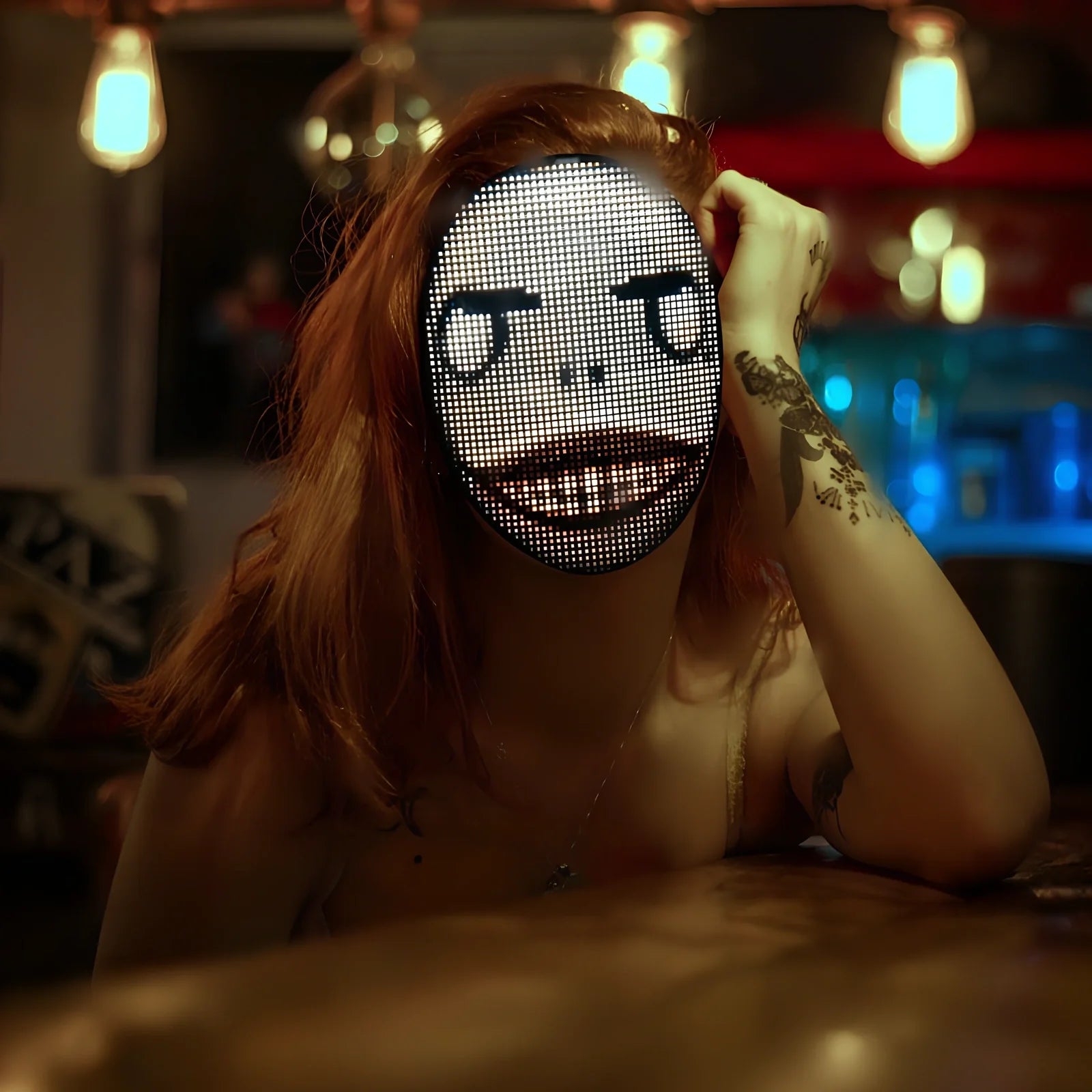 Bluetooth-controlled LED face mask showing custom text display with vintage styling for event use