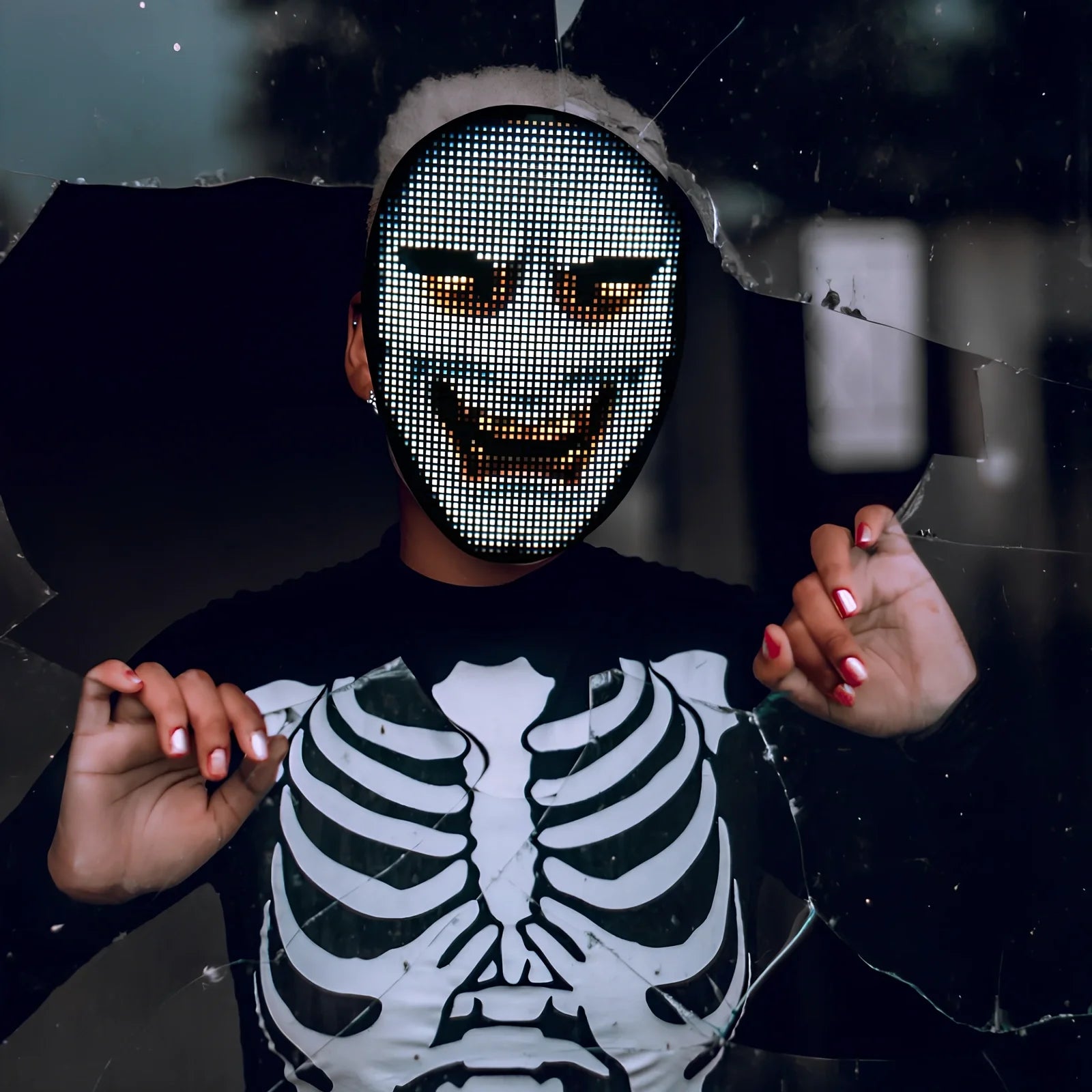 Bluetooth-controlled LED face mask showing custom text display with vintage styling for event use