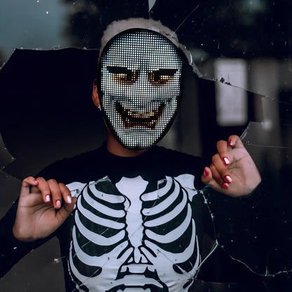 Bluetooth-controlled LED face mask showing custom text display with vintage styling for event use