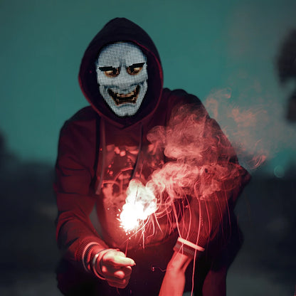 Bluetooth-controlled LED face mask showing custom text display with vintage styling for event use