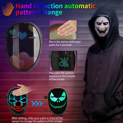 Bluetooth-controlled LED face mask showing custom text display with vintage styling for event use