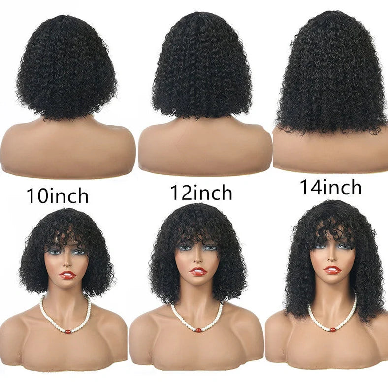 Short curly black human hair wig showing 25cm length and natural curl pattern