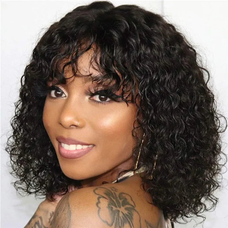 Short curly Afro wig for women in black, Cassia/Kani Karen hair, machine made, slanted bangs