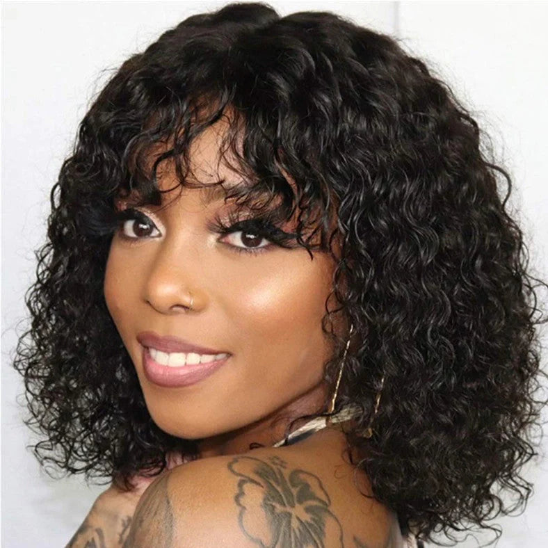 Short curly black human hair wig showing 25cm length and natural curl pattern