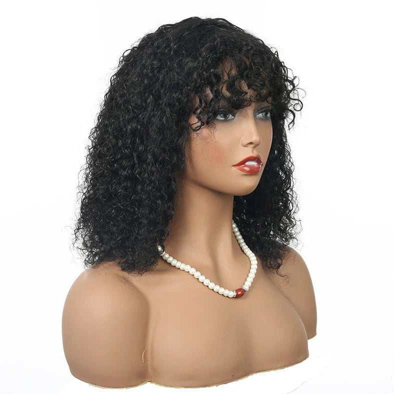 Short curly black human hair wig showing 25cm length and natural curl pattern