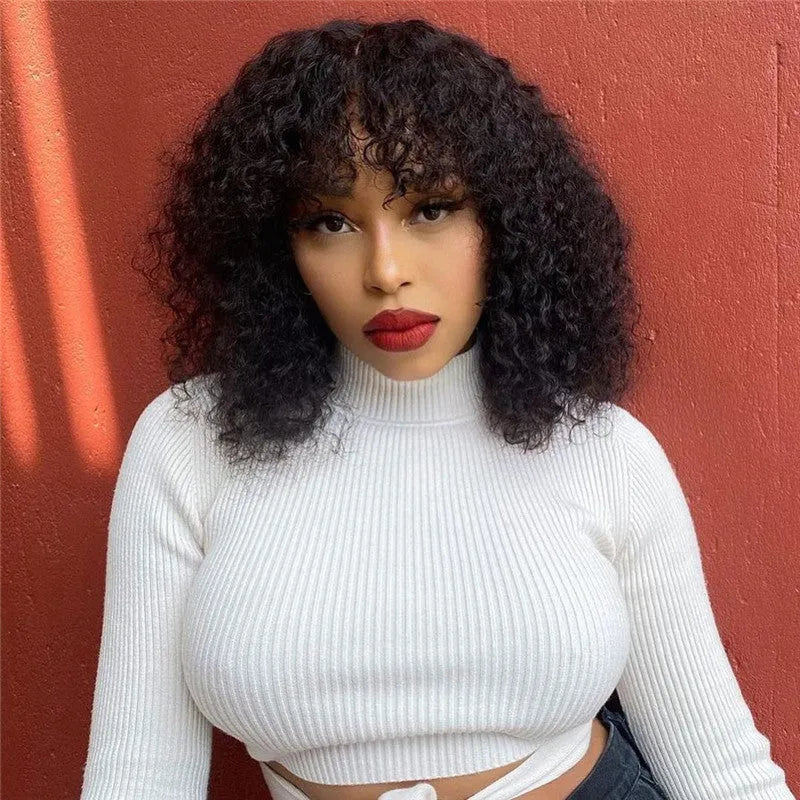 Short curly Afro wig for women in black, Cassia/Kani Karen hair, machine made, slanted bangs