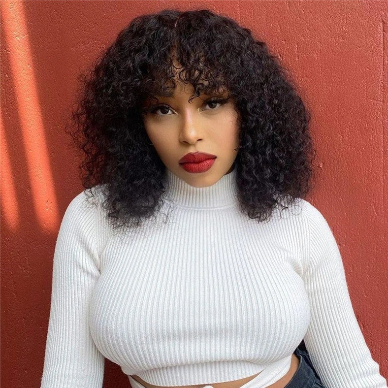 Short curly wig with 100% human hair material that measures 25cm in length, features a 0 cap size for secure fit, and offers dyeing capability for custom colour options