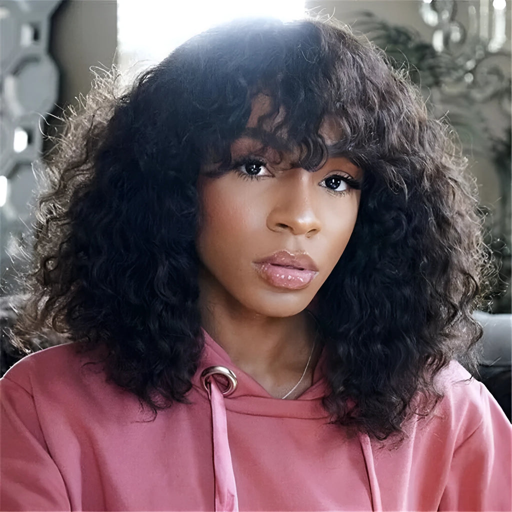 Short curly Afro wig for women in black, Cassia/Kani Karen hair, machine made, slanted bangs
