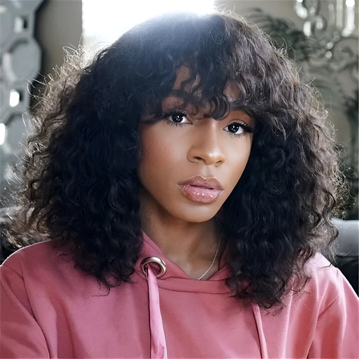 Short curly Afro wig for women in black, Cassia/Kani Karen hair, machine made, slanted bangs