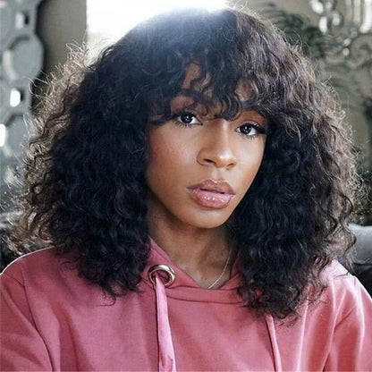 Short curly black human hair wig showing 25cm length and natural curl pattern