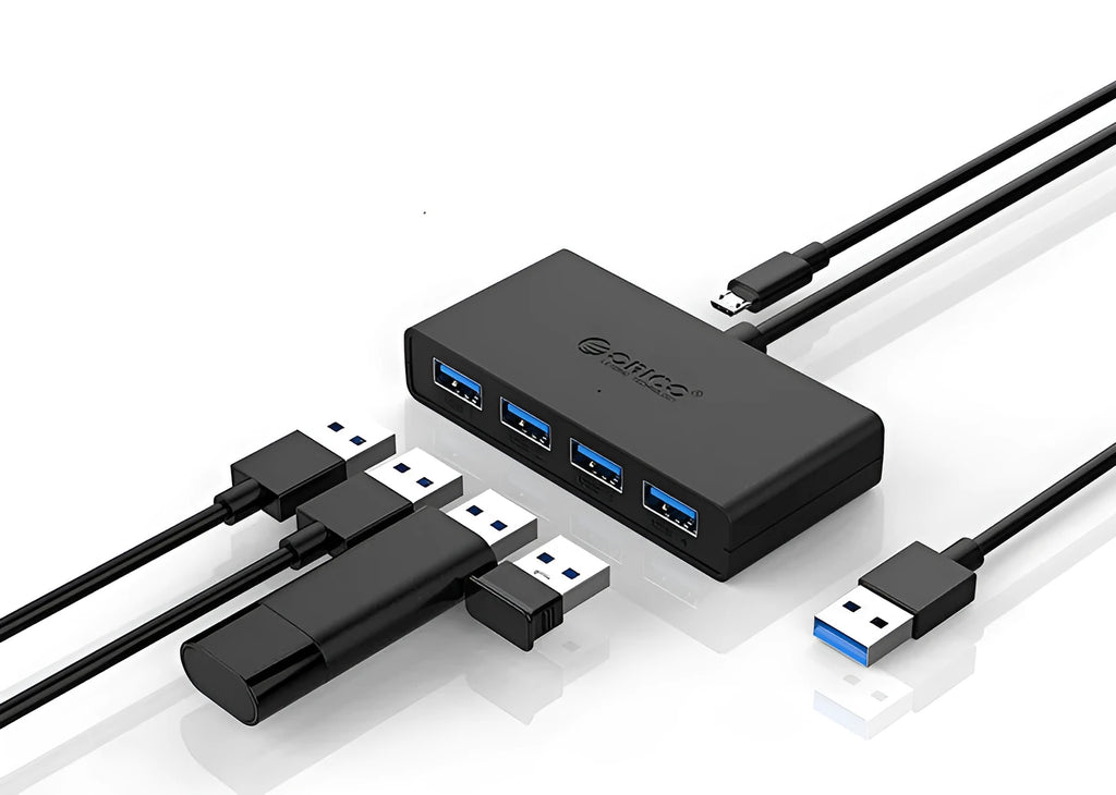 ORICO G11-H4 USB 3.0 hub with four ports and auxiliary Micro USB power port in black finish