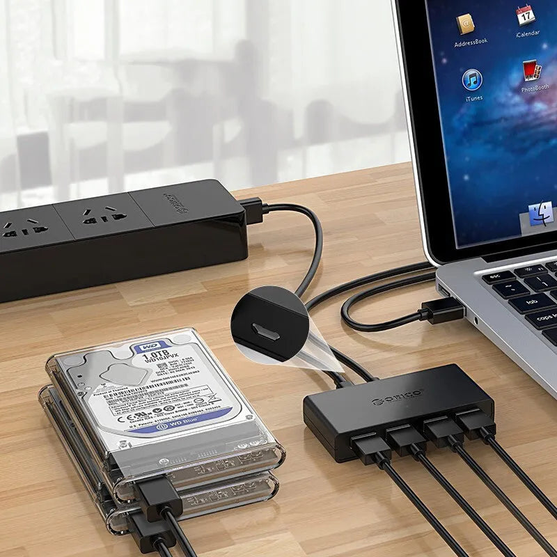 ORICO G11-H4 USB 3.0 hub with four ports and auxiliary Micro USB power port in black finish