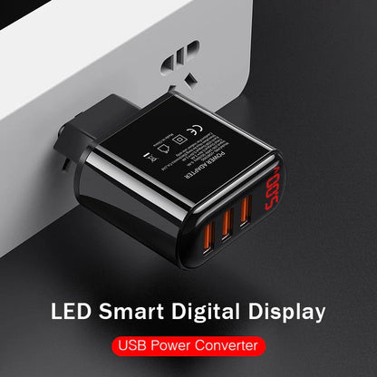 Compact 3-port USB fast charger with LED display for real-time charging status monitoring