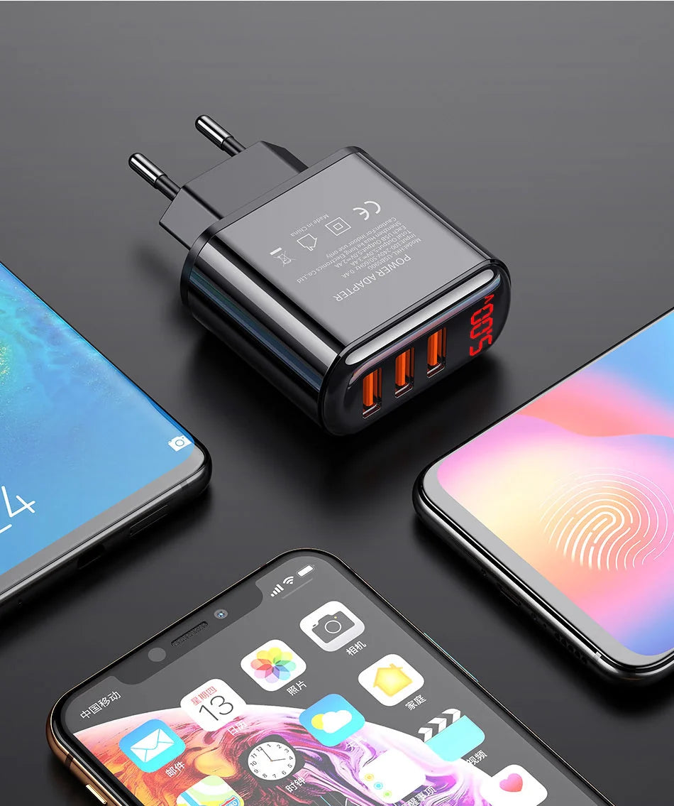 Compact 3-port USB fast charger with LED display for real-time charging status monitoring