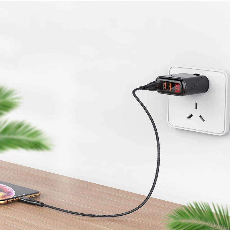 Compact 3-port USB fast charger with LED display for real-time charging status monitoring