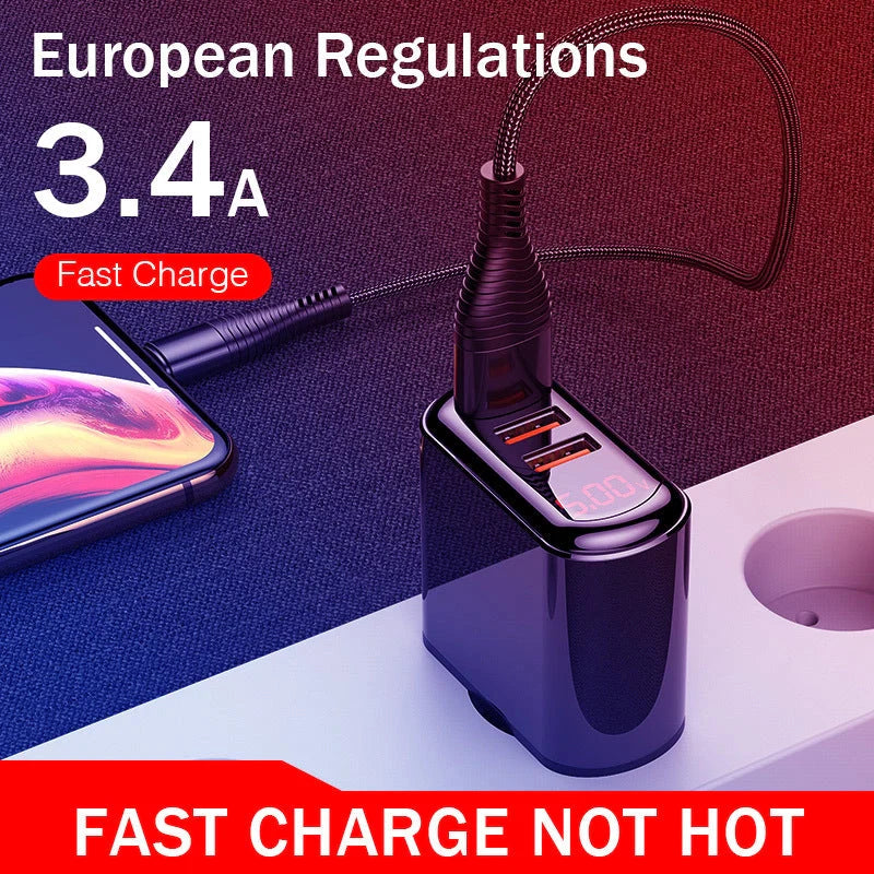 Compact 3-port USB fast charger with LED display for real-time charging status monitoring