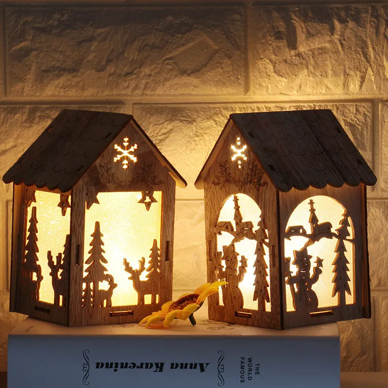 Three wooden Christmas house decorations showing log bell, Santa house, and snowman designs in natural wood colour
