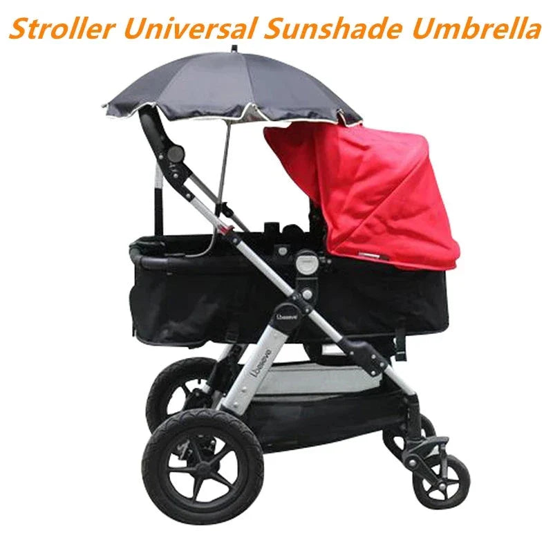 Adjustable 360-degree pram umbrella with UV protection in black, red, pink, and rice white