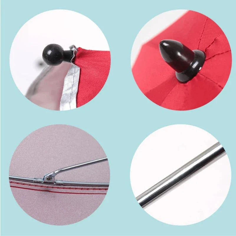 Adjustable 360-degree pram umbrella with UV protection in black, red, pink, and rice white