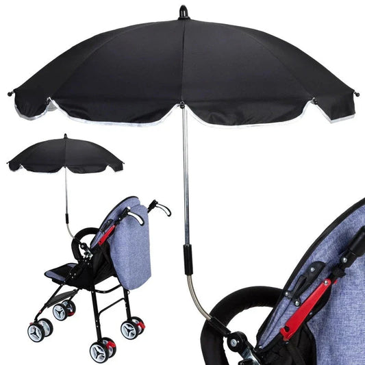 Adjustable 360-degree pram umbrella with UV protection in black, red, pink, and rice white