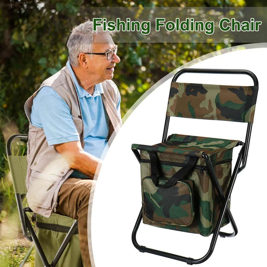 Portable folding fishing chair with cooler bag in army green, blue, camouflage, and green options