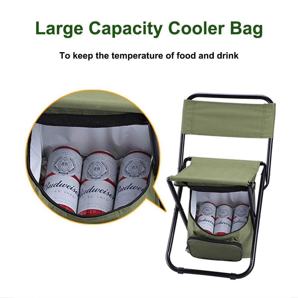 Portable folding fishing chair with cooler bag in army green, blue, camouflage, and green options