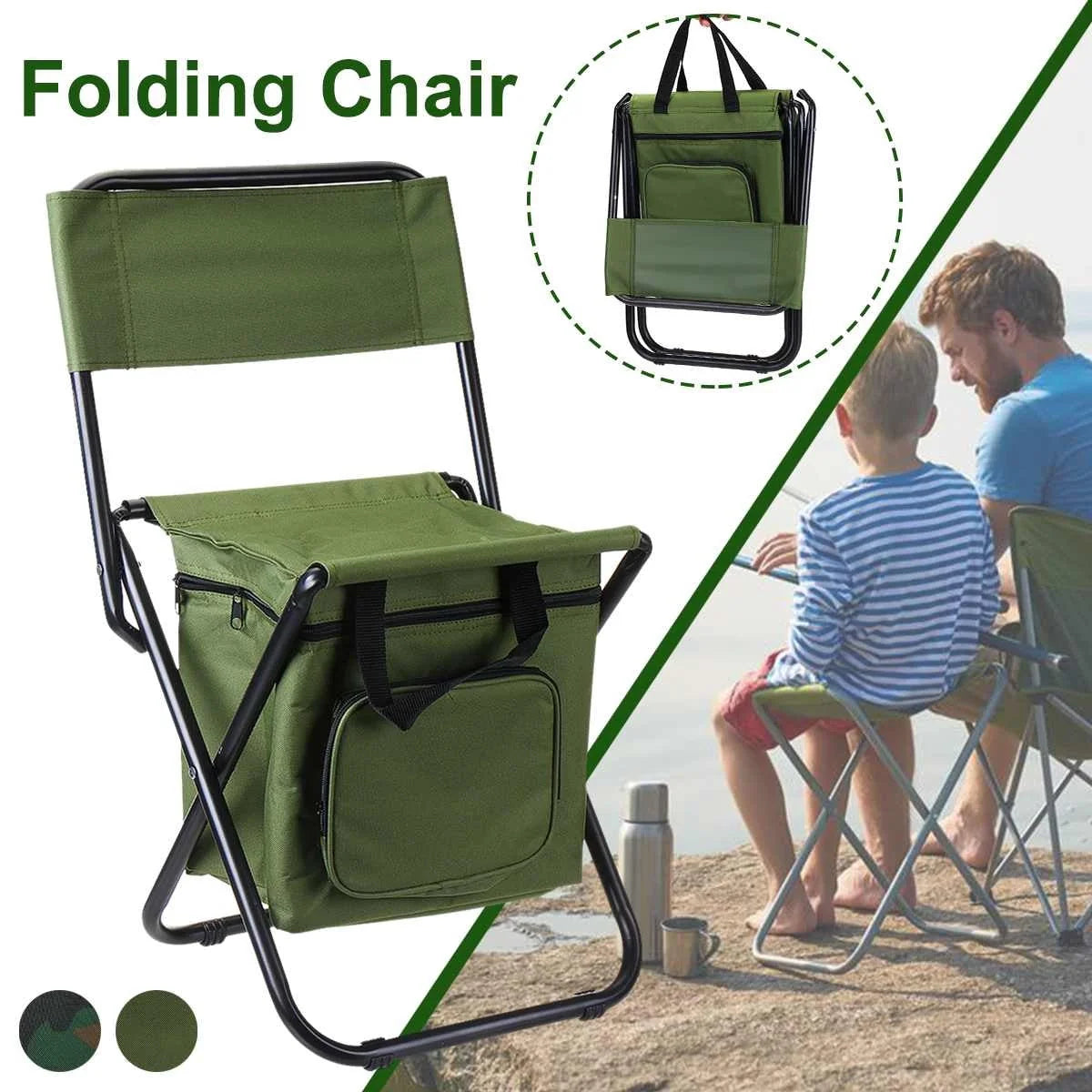 Portable folding fishing chair with cooler bag in army green, blue, camouflage, and green options