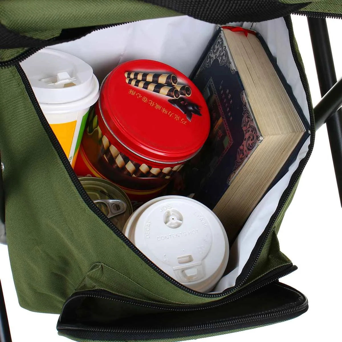 Portable folding fishing chair with cooler bag in army green, blue, camouflage, and green options